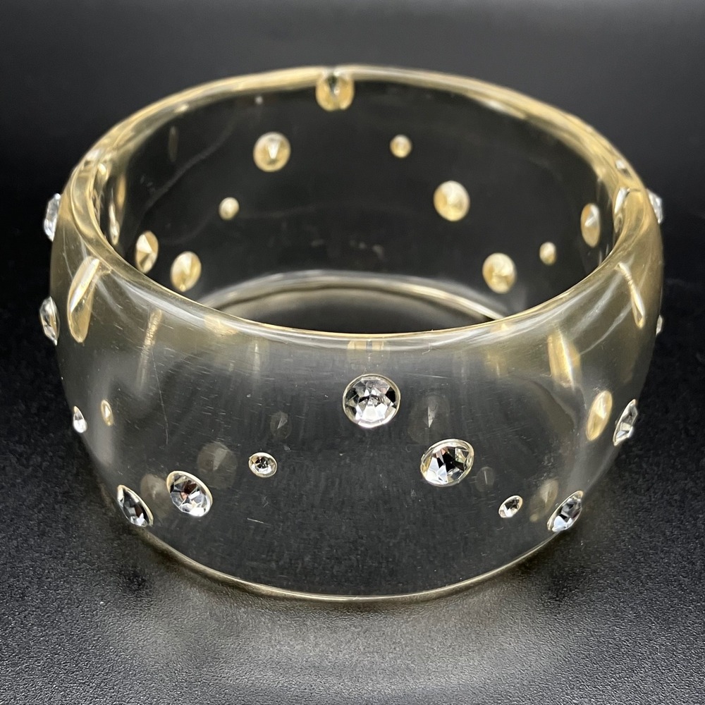 Vintage Lucite Bangle Bracelet Clear Rhinestone Chunky Domed Resin 8.5